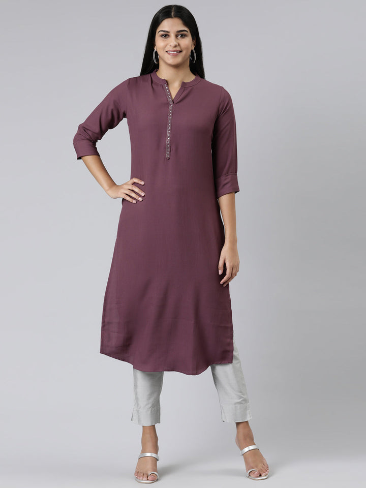 Neerus Maroon viscose rayon solid kurti - front view