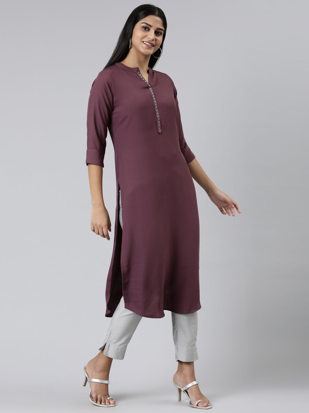 Neerus Maroon viscose rayon solid kurti - back view
