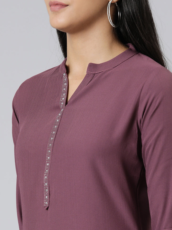 Neerus Maroon viscose rayon solid kurti - detail view 2