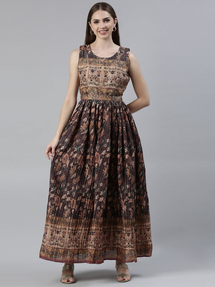 Neerus Brown Straight Casual Printed Maxi Dresses