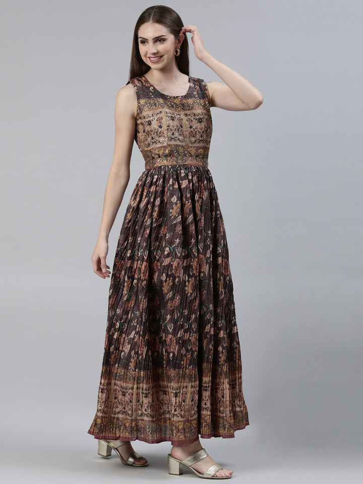 Neerus Brown Straight Casual Printed Maxi Dresses