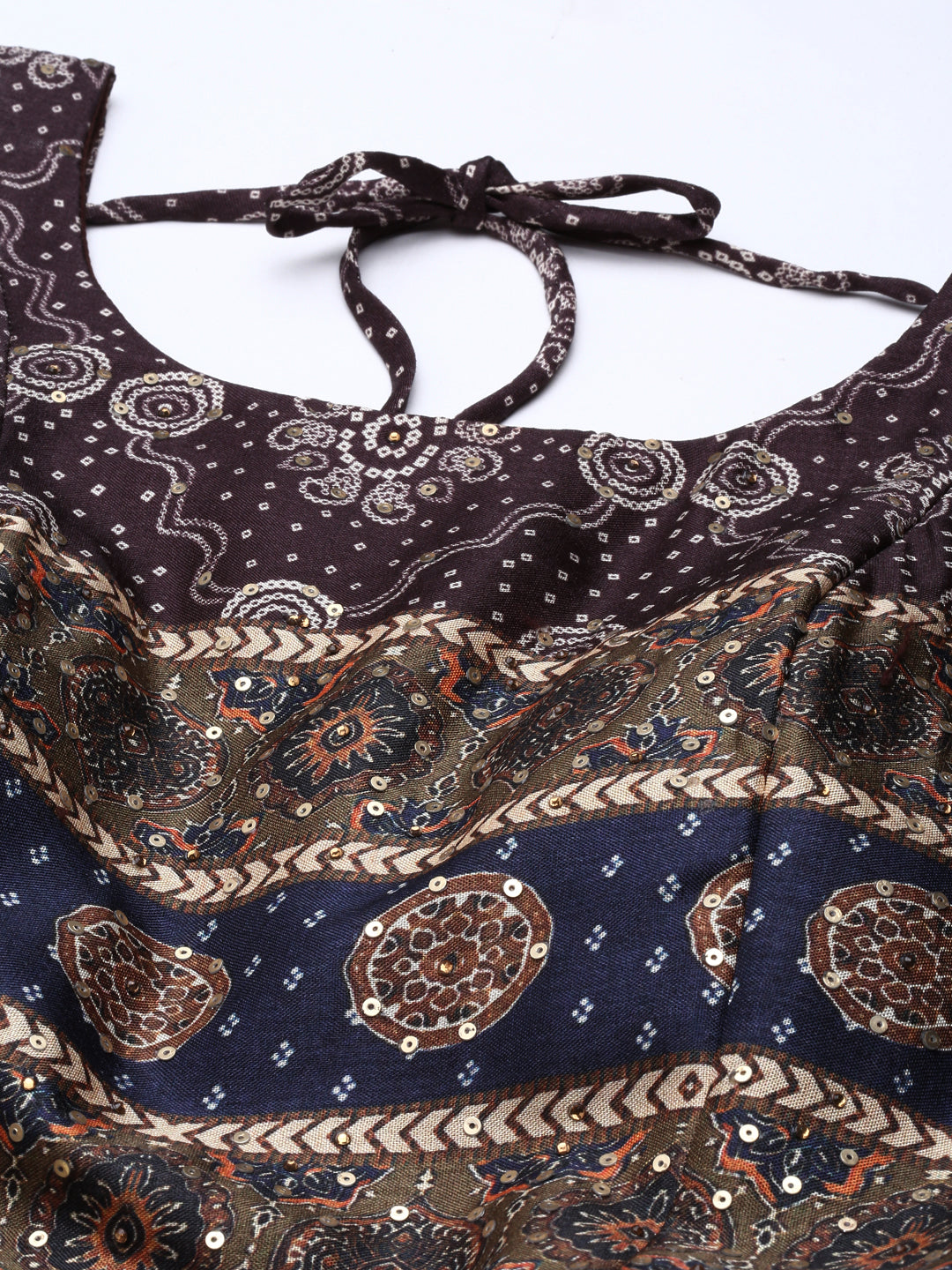 Neerus Brown raw silk printed maxi dress - detail view 2