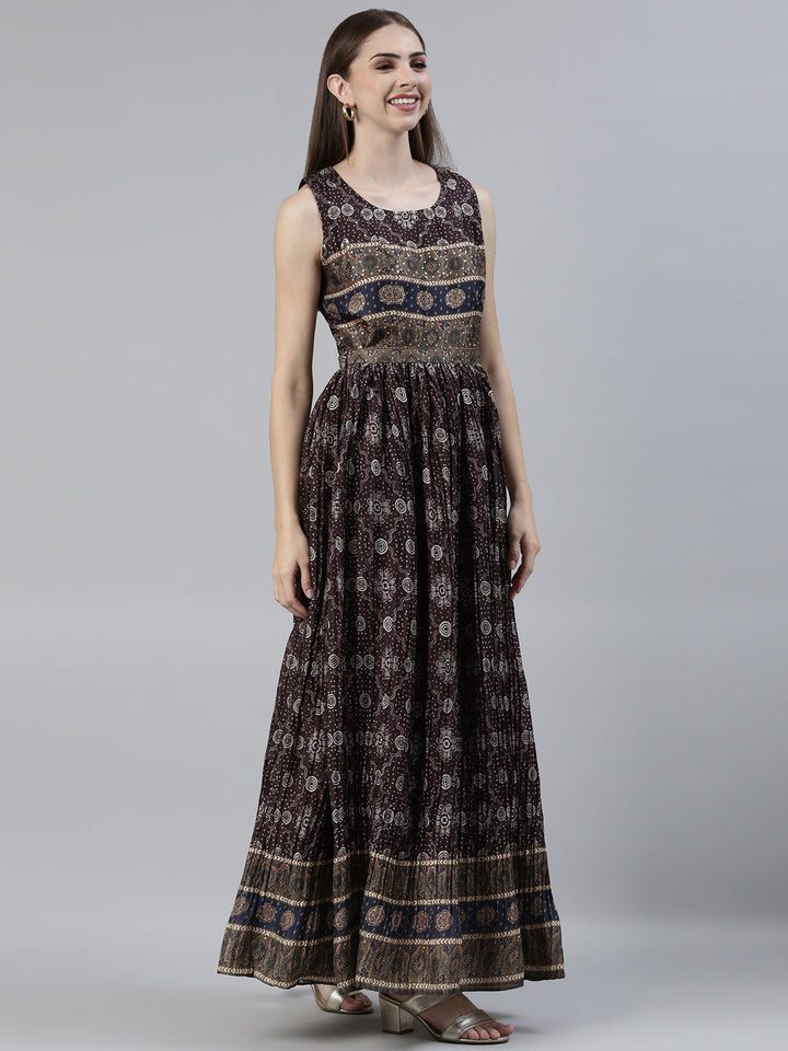 Neerus Brown raw silk printed maxi dress - back view