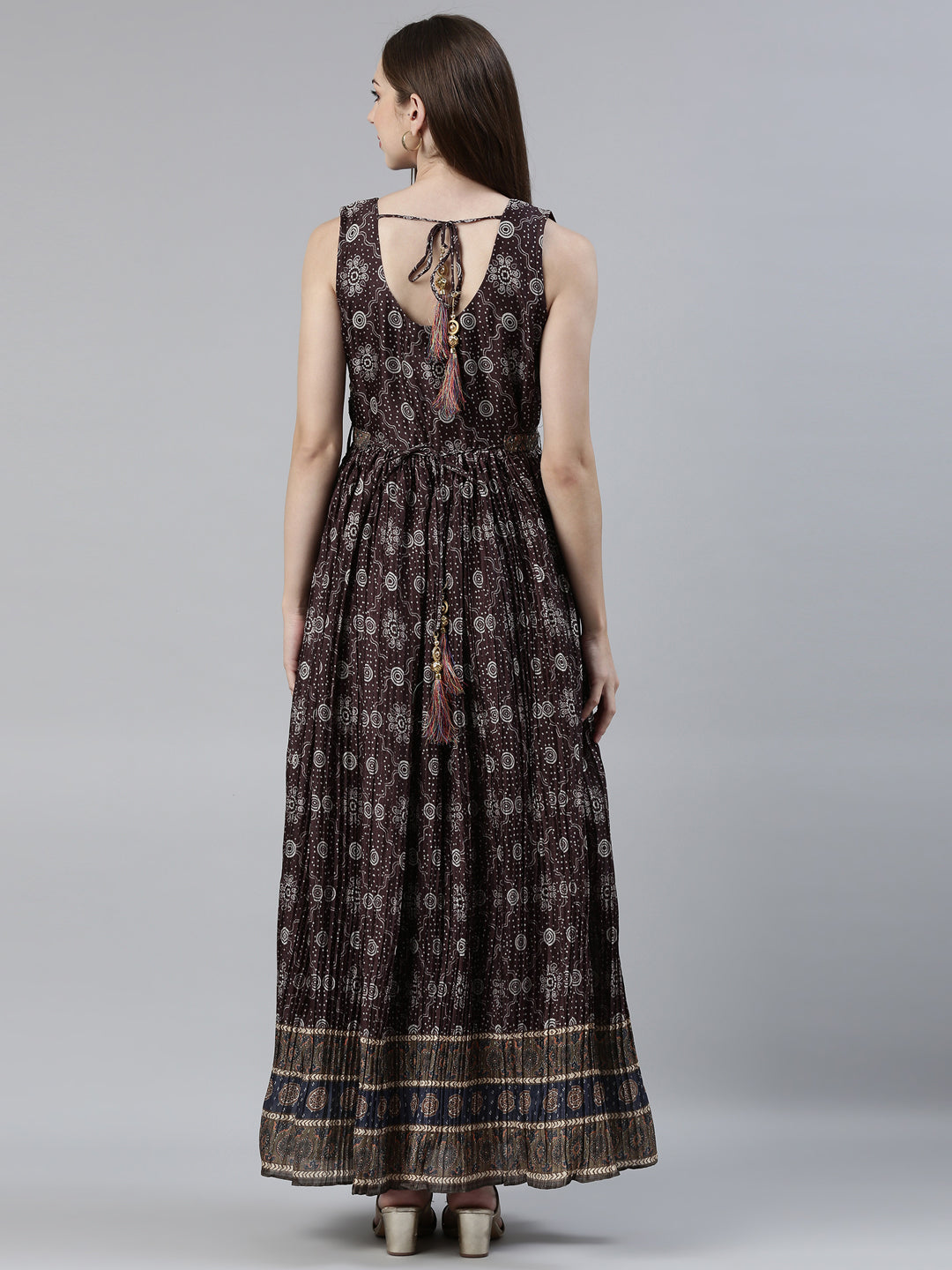Neerus Brown raw silk printed maxi dress - side view