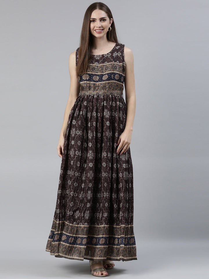 Neerus Brown raw silk printed maxi dress - front view