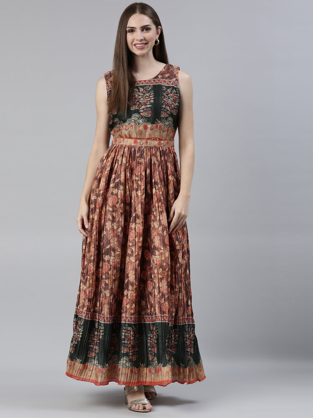 Neerus Orange raw silk printed maxi dress - front view
