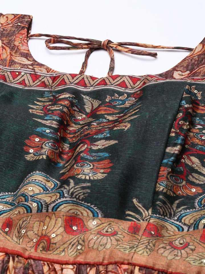 Neerus Orange raw silk printed maxi dress - detail view 2