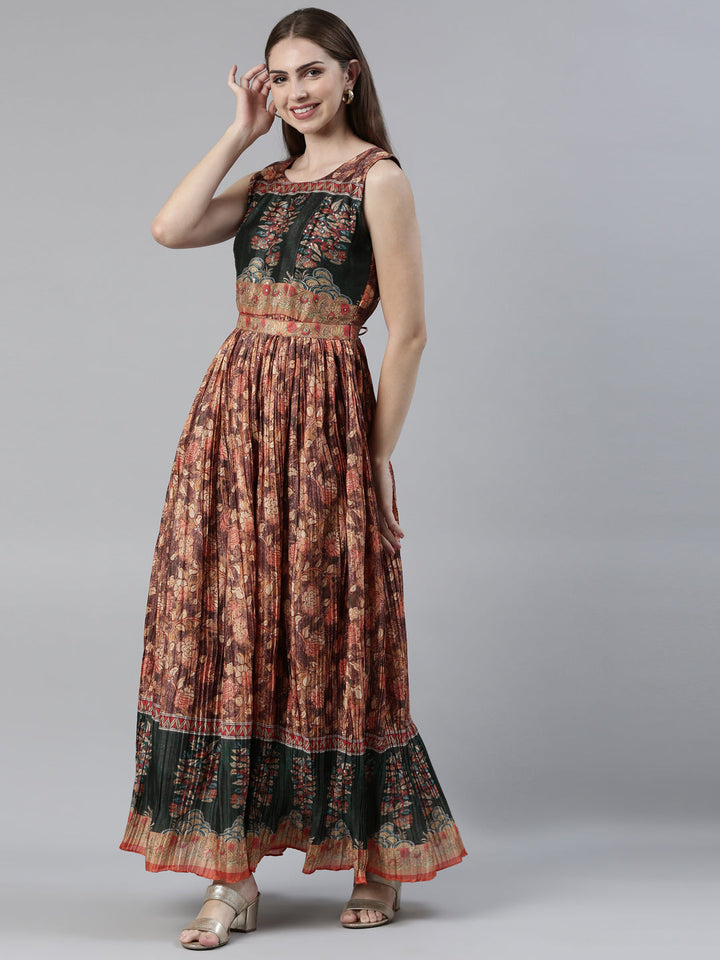 Neerus Orange raw silk printed maxi dress - back view