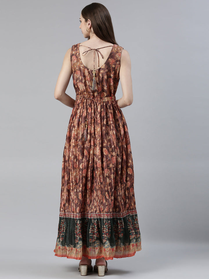 Neerus Orange raw silk printed maxi dress - side view
