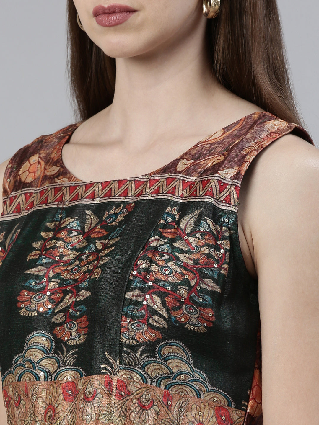 Neerus Orange raw silk printed maxi dress - detail view 1