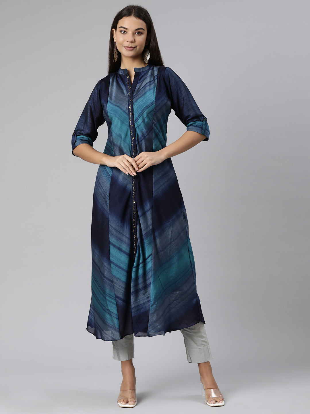 Neerus Blue rayon printed straight dress - front view