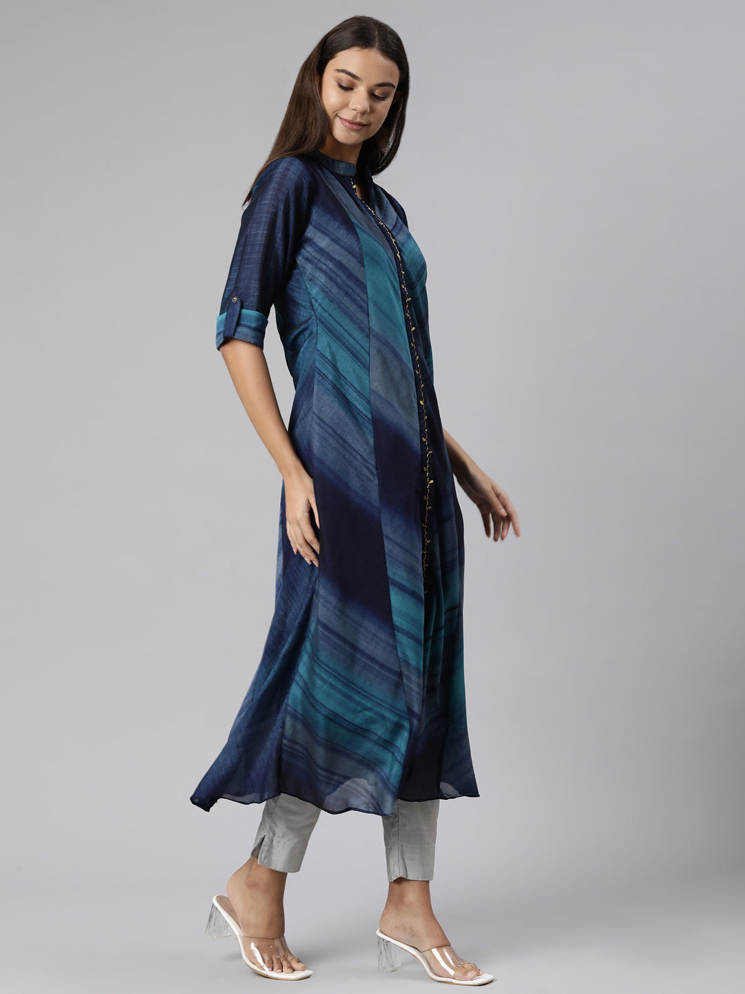Neerus Blue rayon printed straight dress - back view