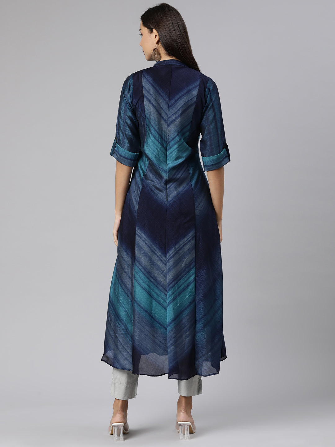 Neerus Blue rayon printed straight dress - side view