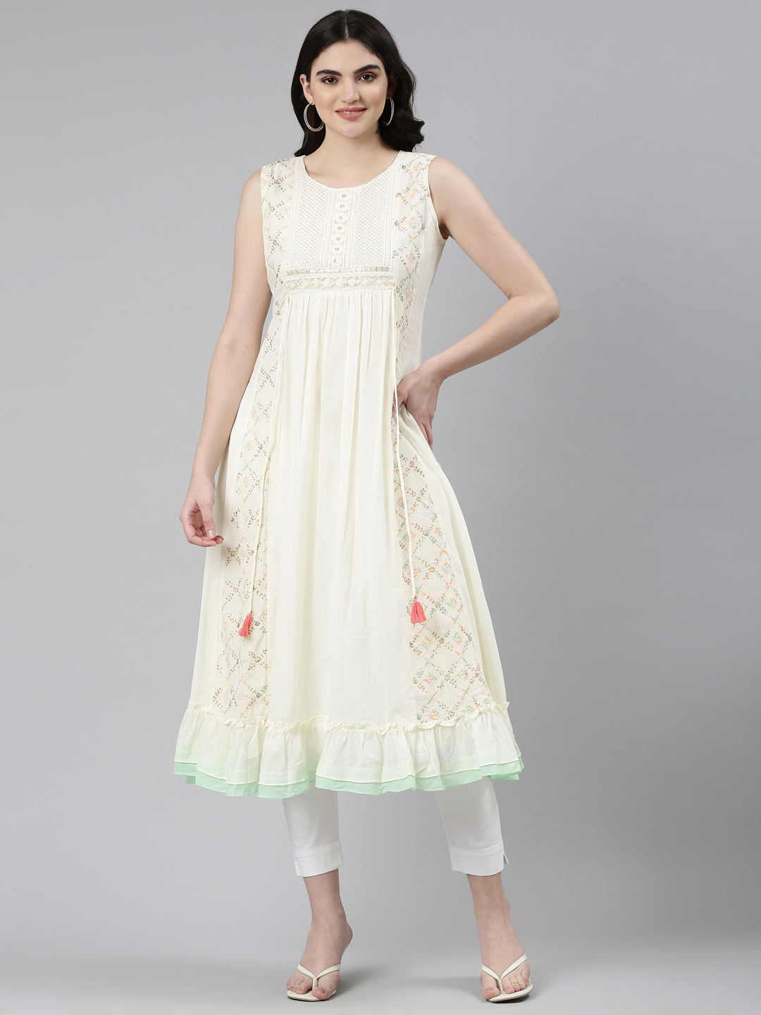 Neerus Beige cotton embroidered anarkali kurti - front view