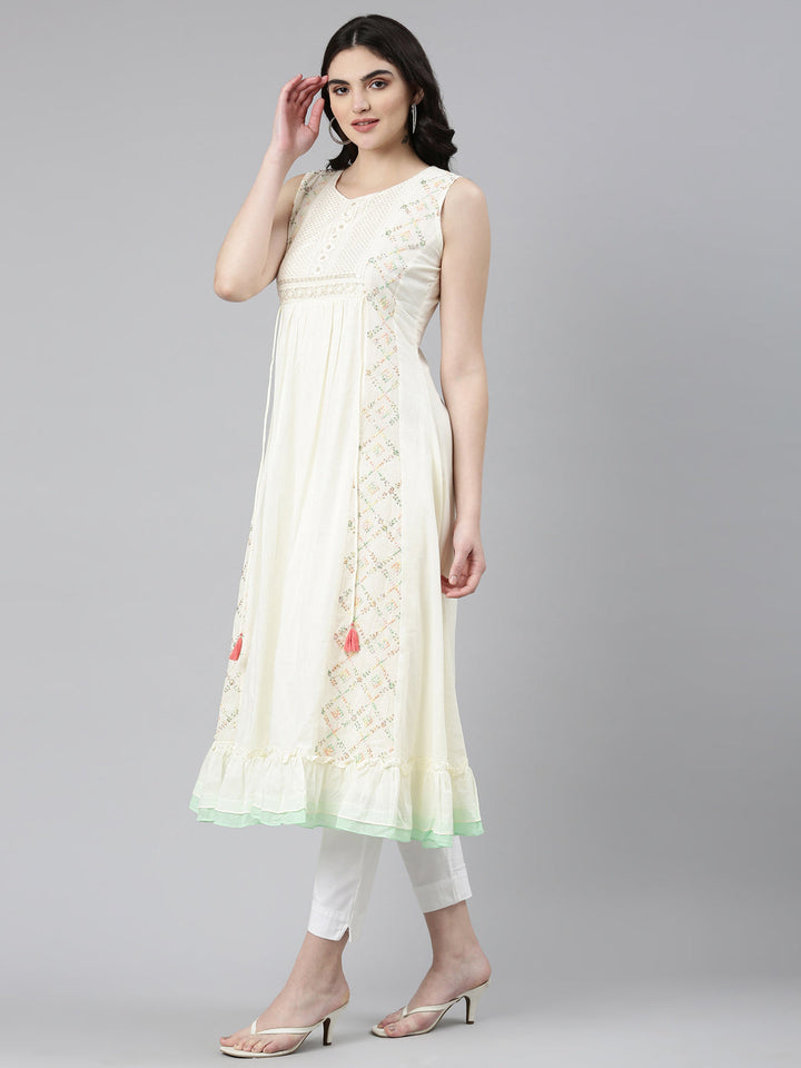 Neerus Beige cotton embroidered anarkali kurti - back view