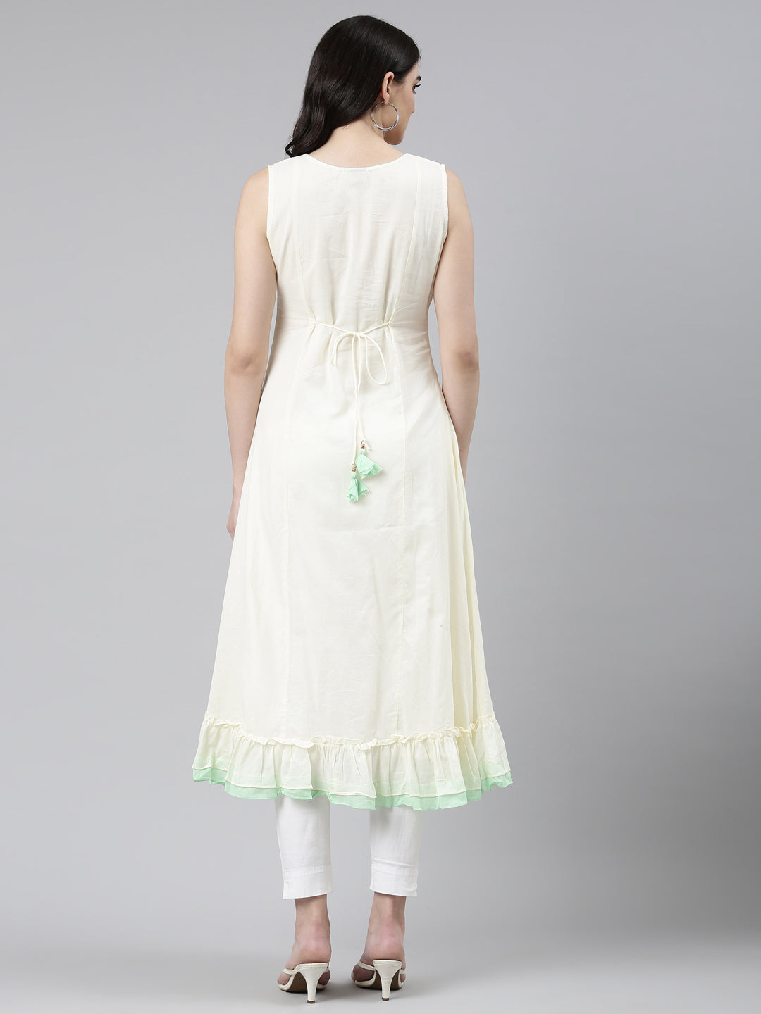 Neerus Beige cotton embroidered anarkali kurti - side view