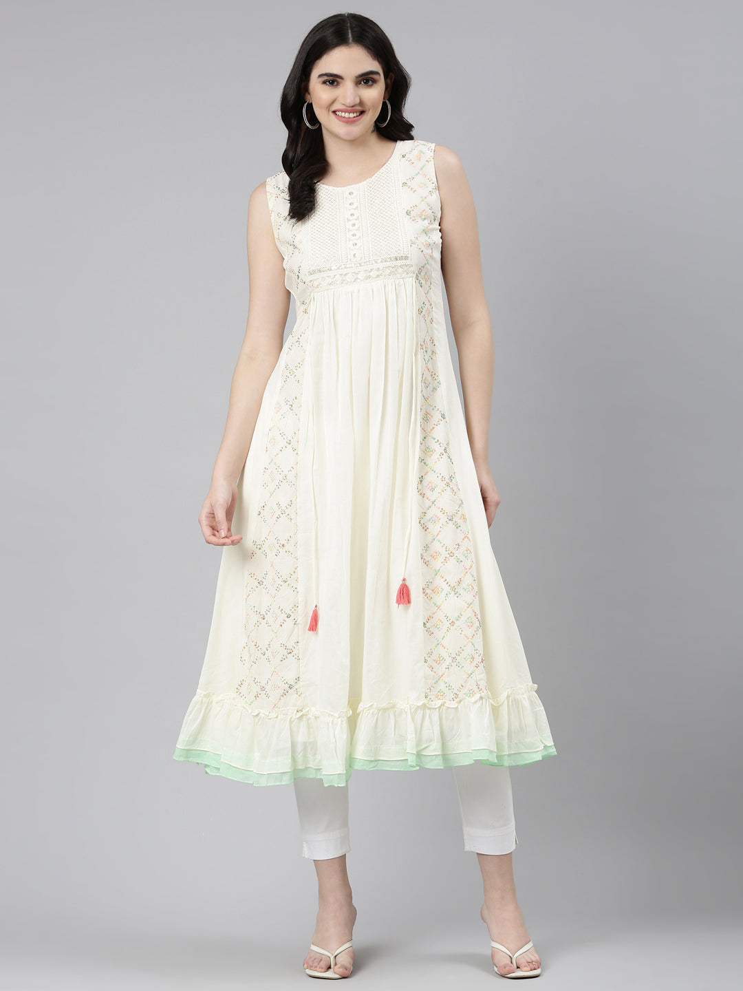Neerus Beige cotton embroidered anarkali kurti - detail view 2