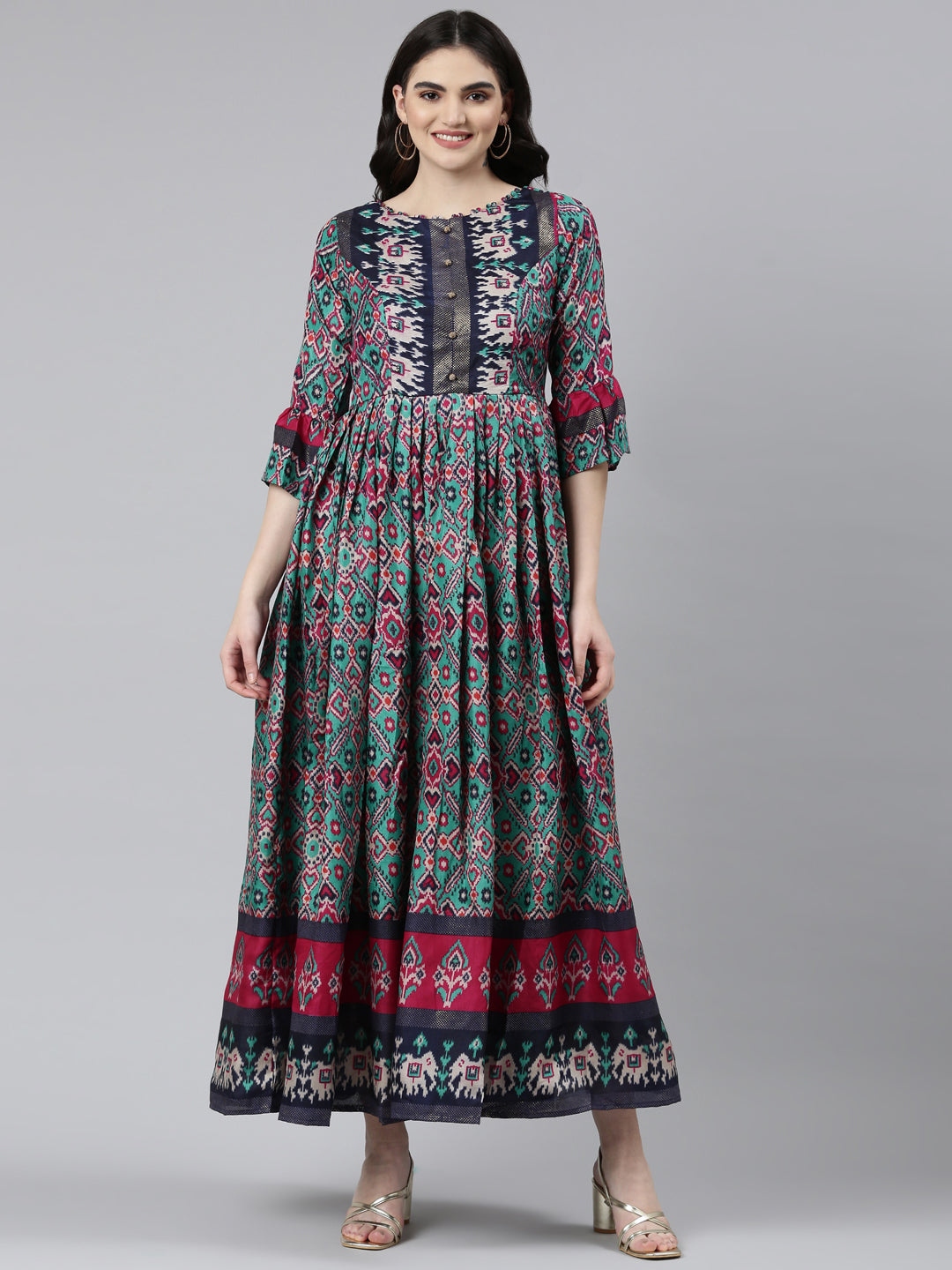 Neerus Green printed straight dress - front view