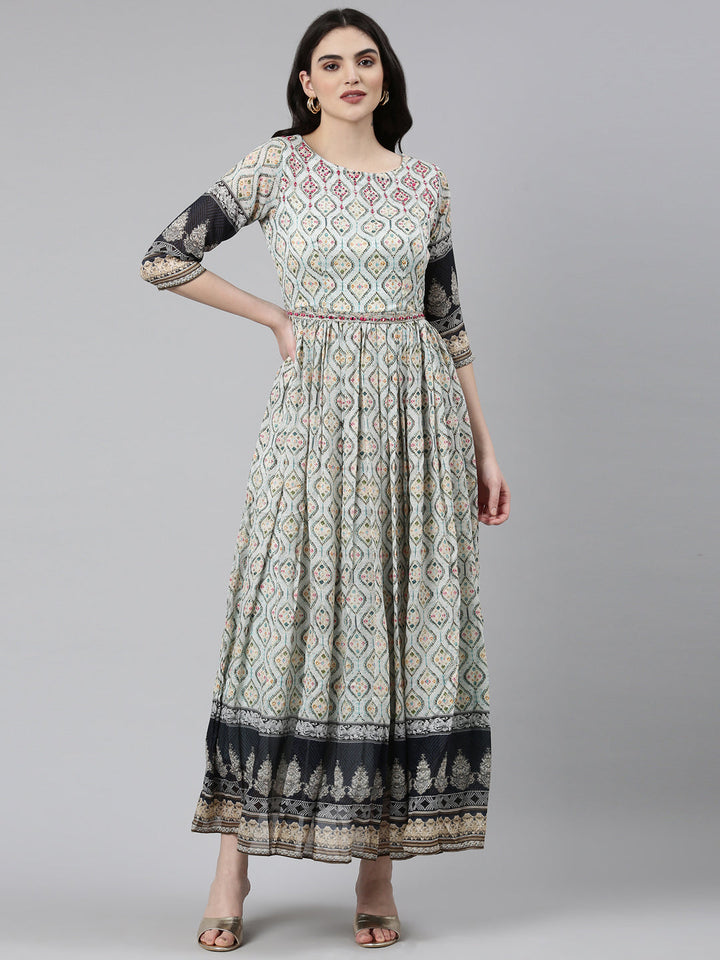 Neerus Blue crepe printed straight dress - front view