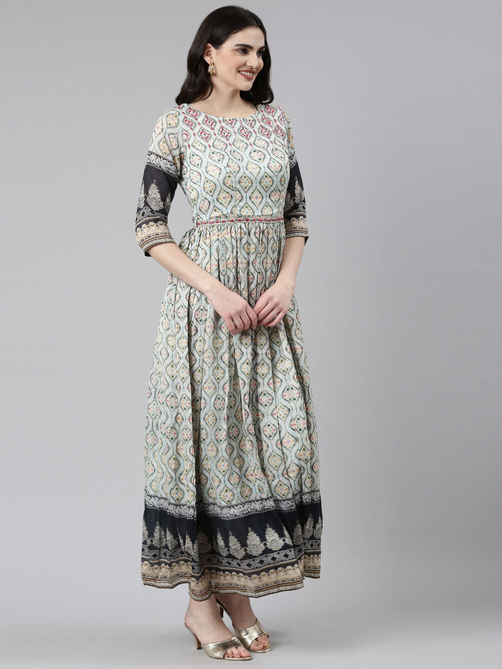 Neerus Blue crepe printed straight dress - back view
