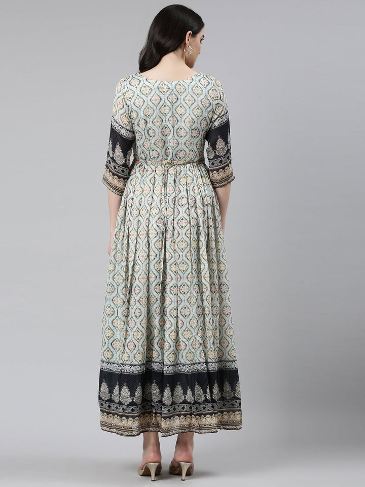 Neerus Blue crepe printed straight dress - side view
