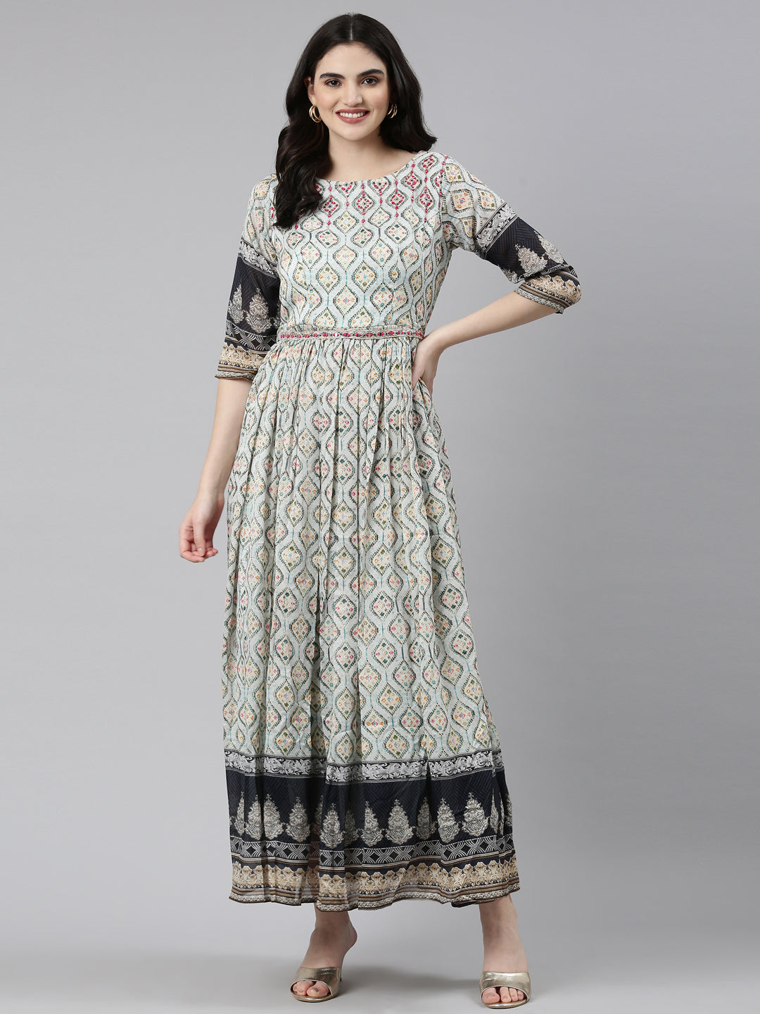 Neerus Blue crepe printed straight dress - detail view 2