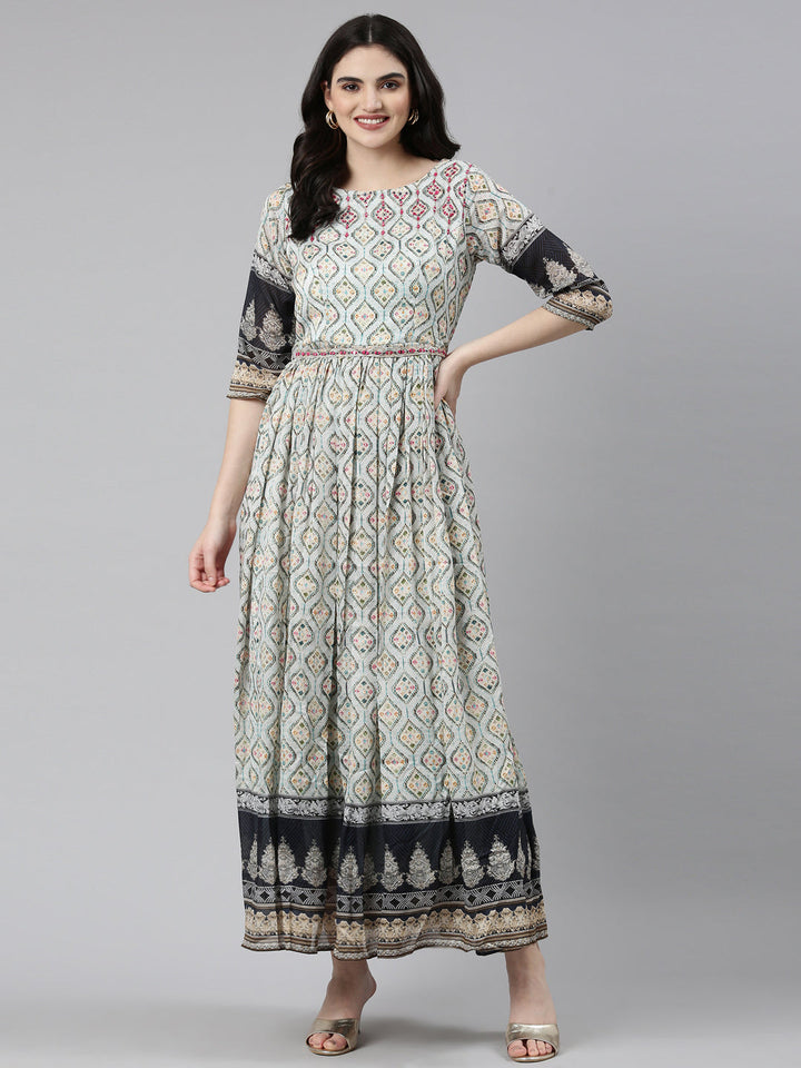 Neerus Blue crepe printed straight dress - detail view 2