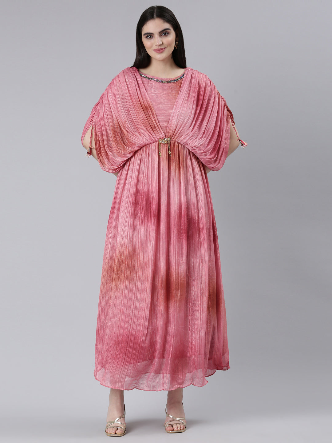 Neerus Pink crepe printed straight dress - front view
