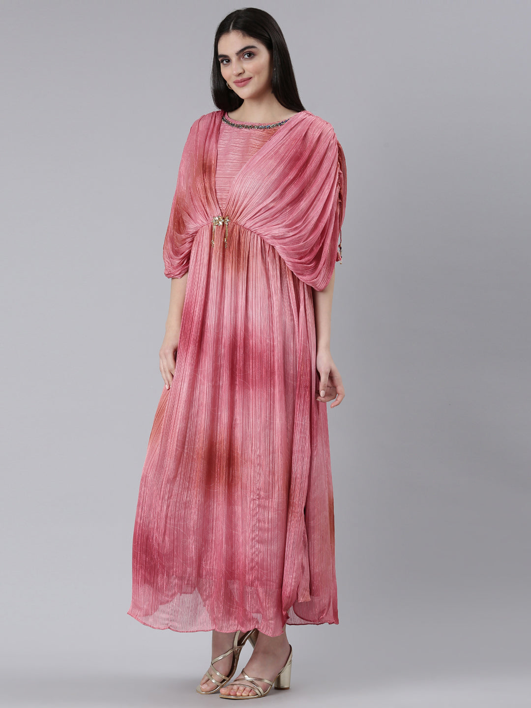 Neerus Pink crepe printed straight dress - back view