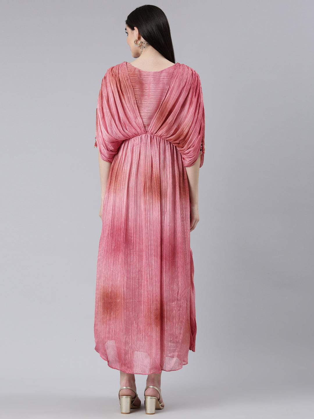 Neerus Pink crepe printed straight dress - side view