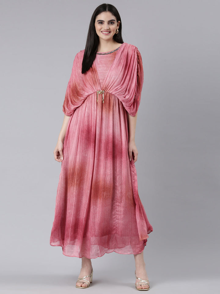 Neerus Pink crepe printed straight dress - detail view 2