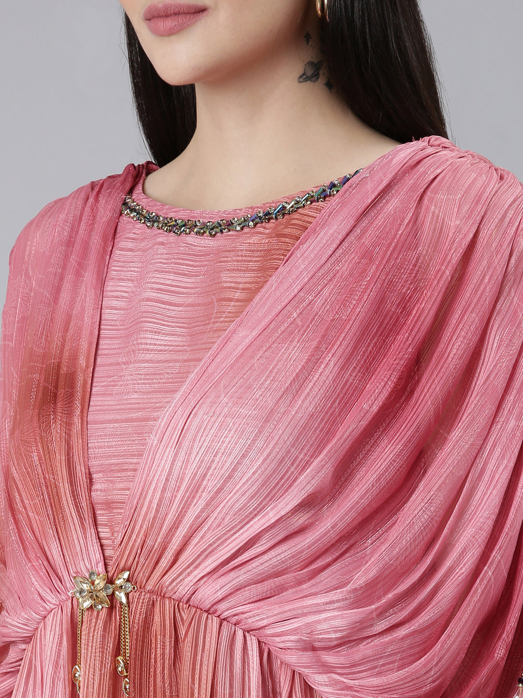 Neerus Pink crepe printed straight dress - detail view 1