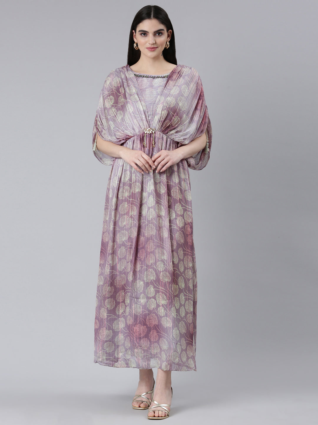 Neerus Green crepe printed straight dress - front view