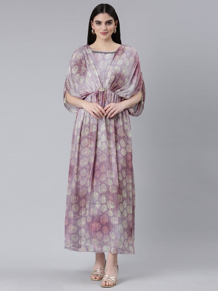 Neerus Green crepe printed straight dress - front view