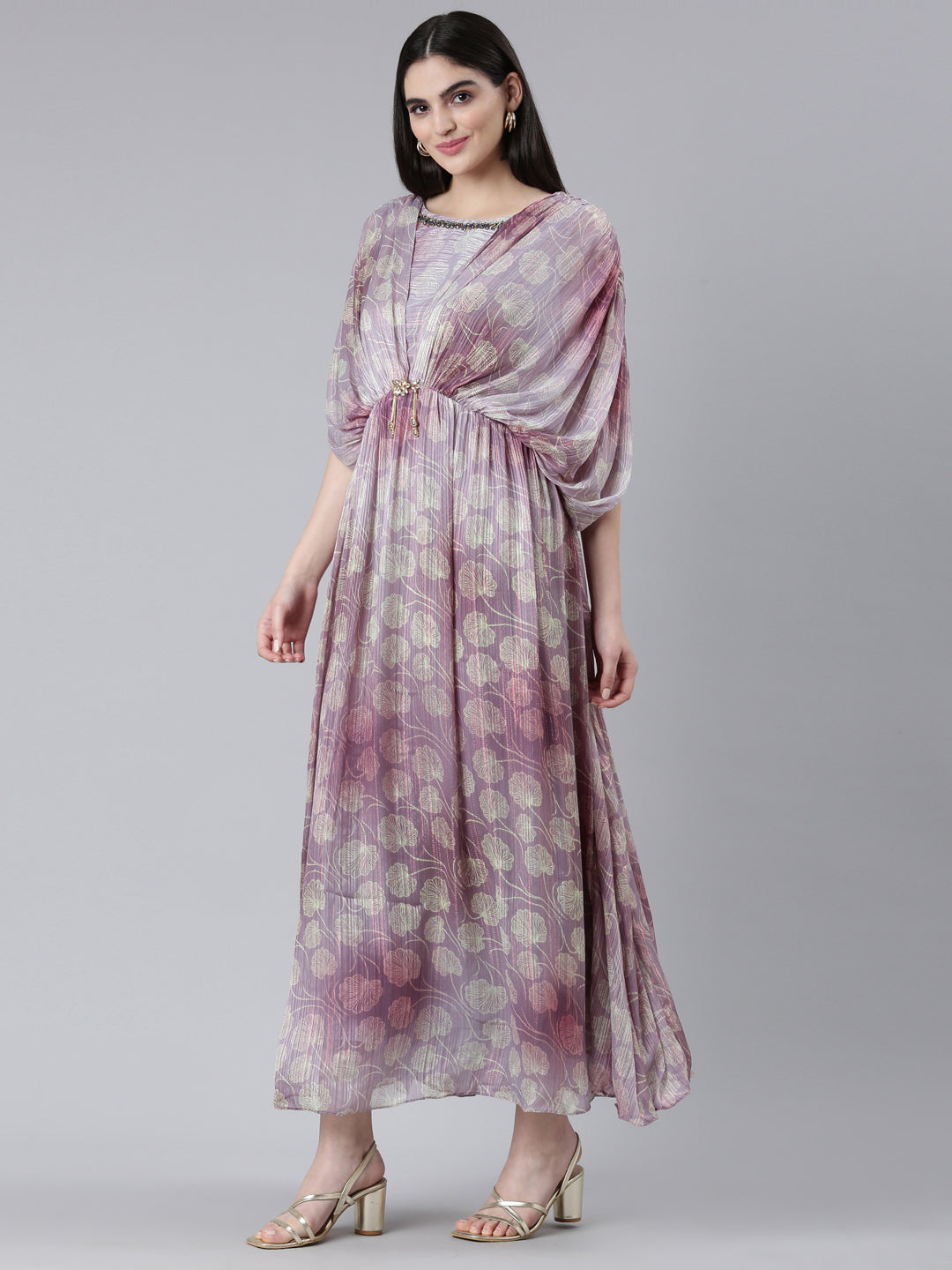 Neerus Green crepe printed straight dress - back view