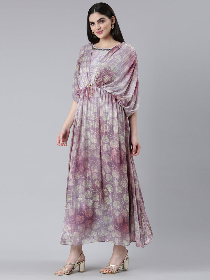 Neerus Green crepe printed straight dress - back view