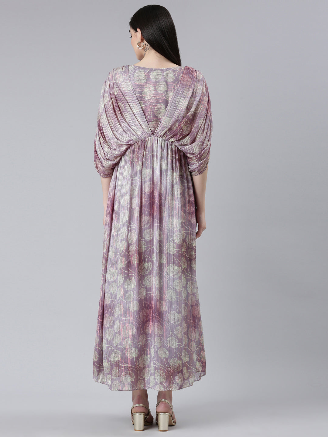 Neerus Green crepe printed straight dress - side view