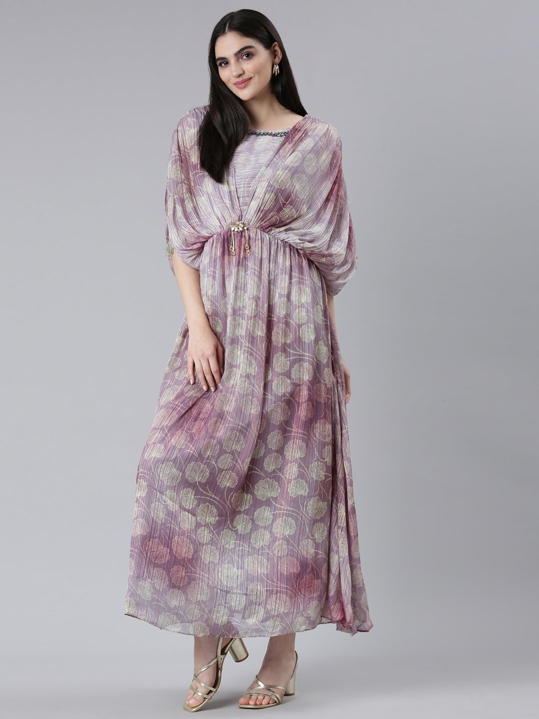 Neerus Green crepe printed straight dress - detail view 2