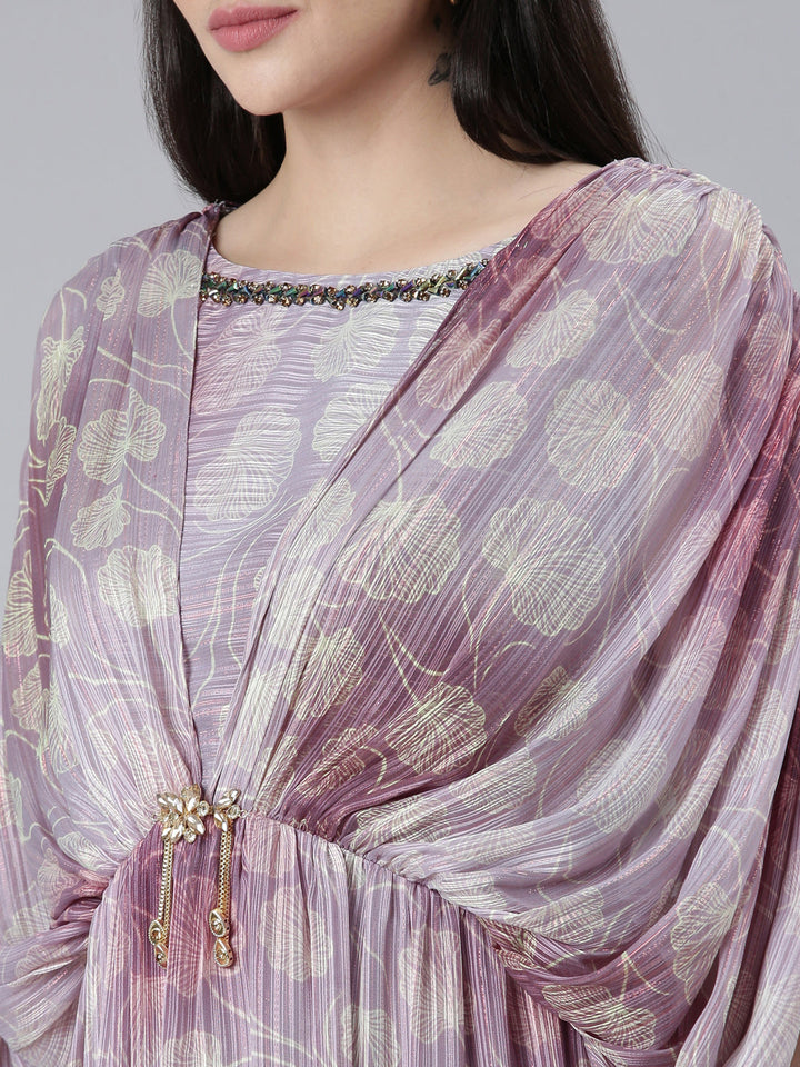 Neerus Green crepe printed straight dress - detail view 1