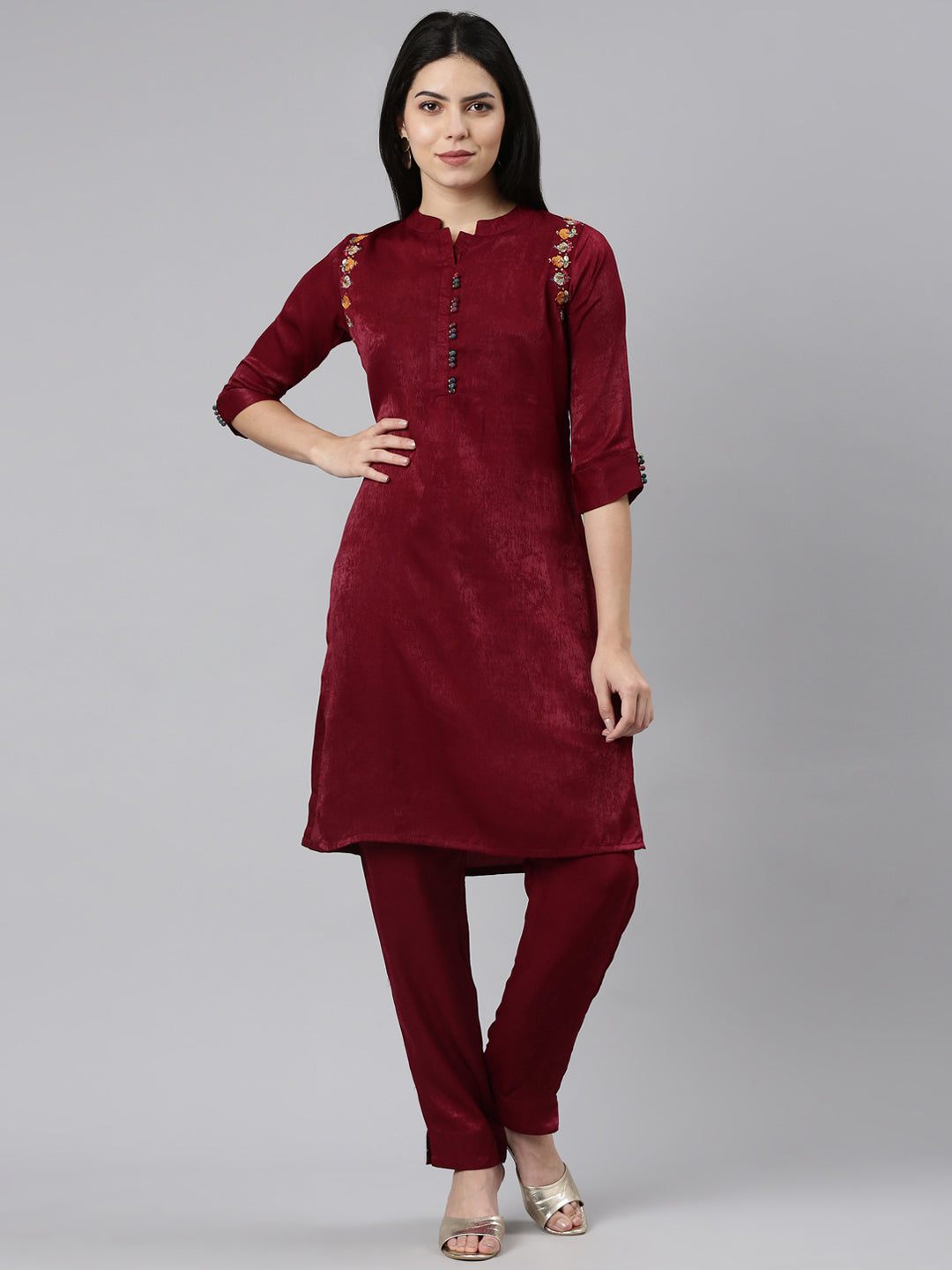 Neerus Pink solid straight kurta set with trouser - front view