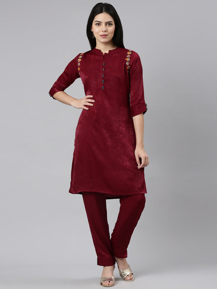 Neerus Pink solid straight kurta set with trouser - front view