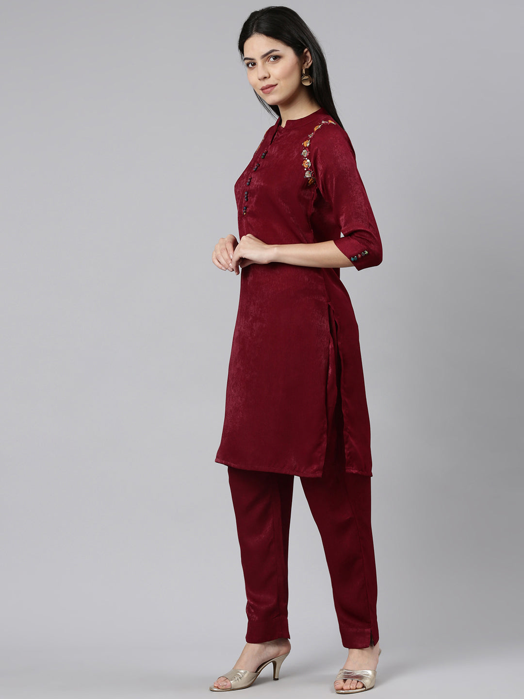 Neerus Pink solid straight kurta set with trouser - back view