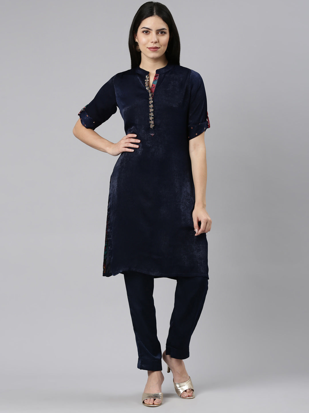 Neerus Blue solid straight kurta set with trousers - front view