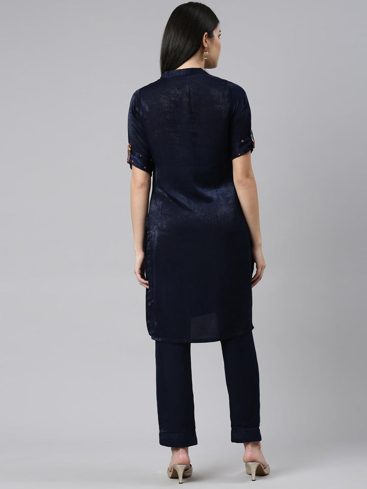 Neerus Blue solid straight kurta set with trousers - side view