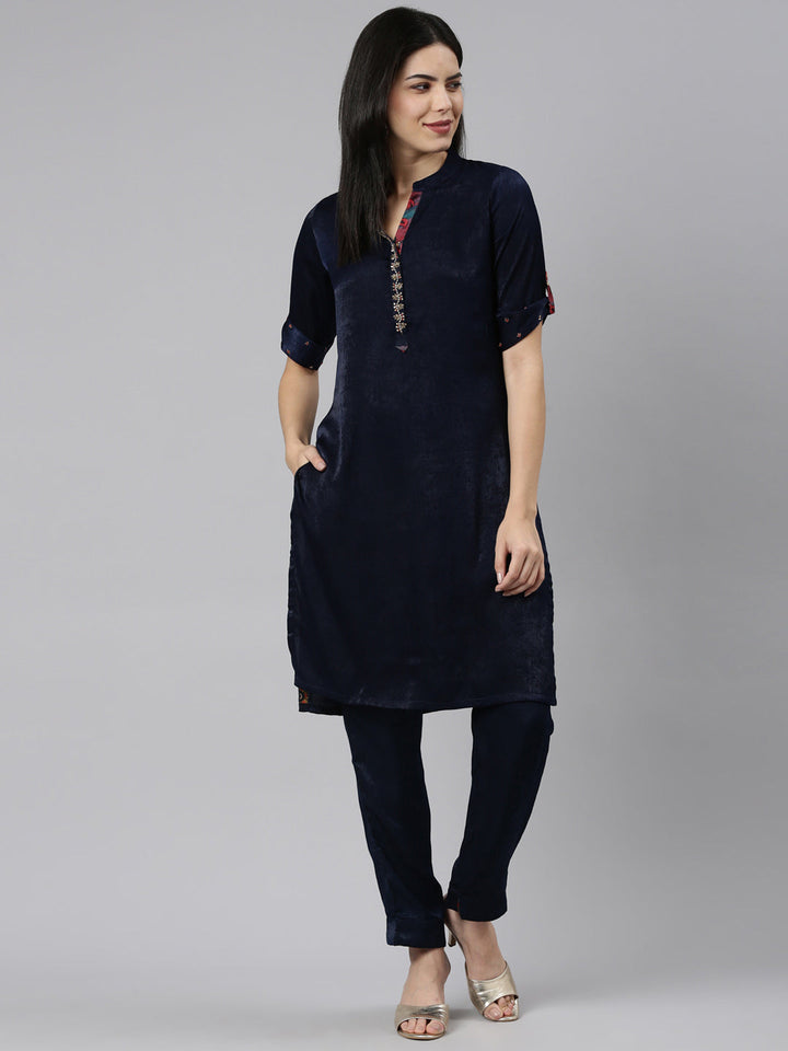 Neerus Blue solid straight kurta set with trousers - detail view 2