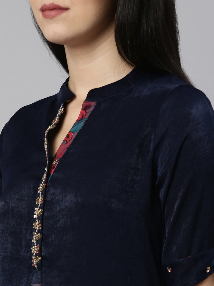 Neerus Blue solid straight kurta set with trousers - detail view 1