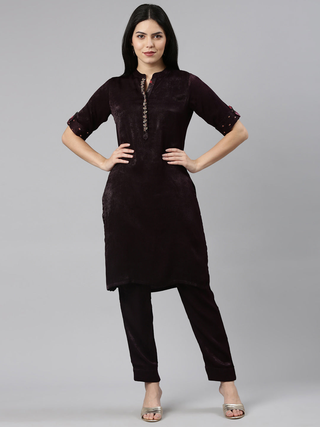 Neerus Purple solid straight kurta set with trouser - front view