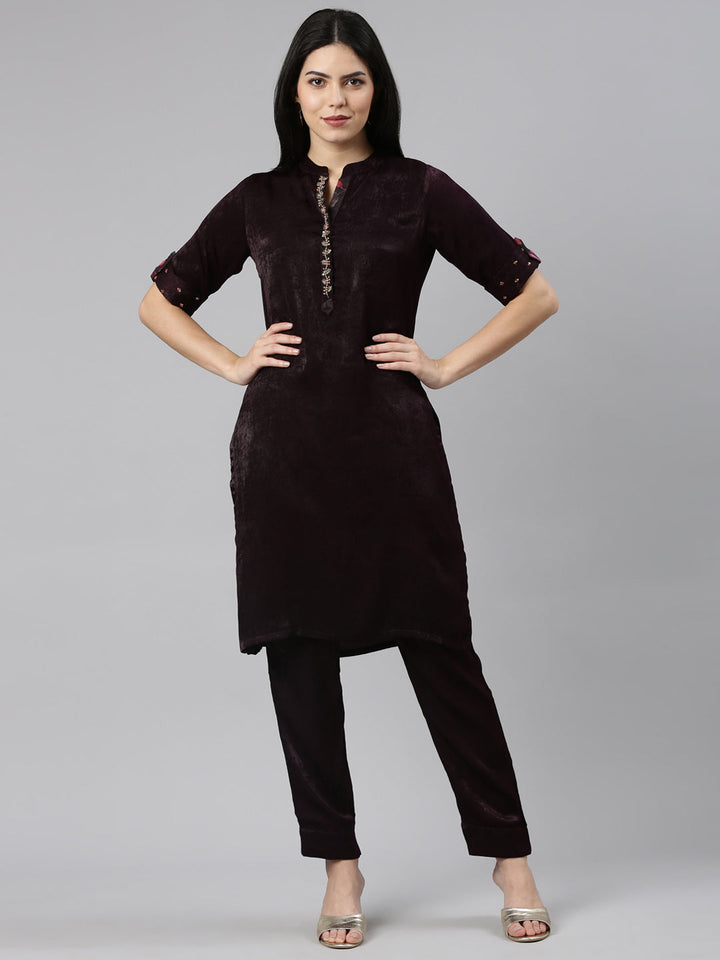 Neerus Purple solid straight kurta set with trouser - front view