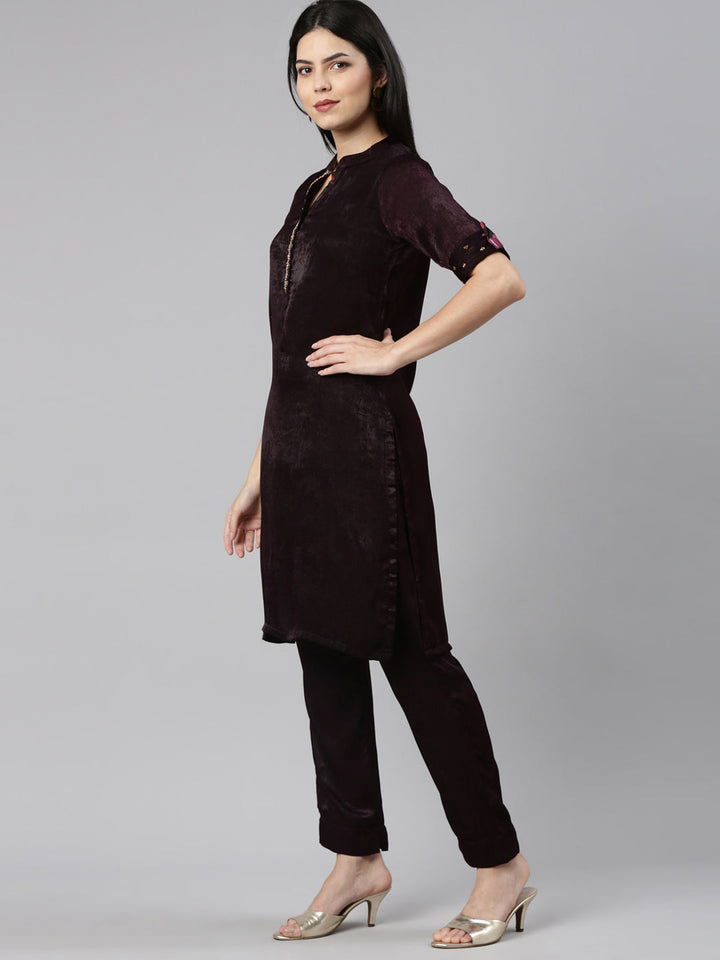 Neerus Purple solid straight kurta set with trouser - back view