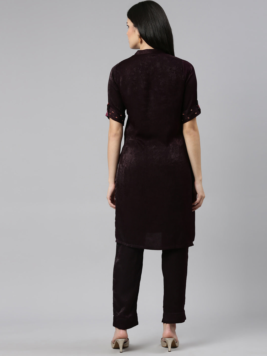 Neerus Purple solid straight kurta set with trouser - side view